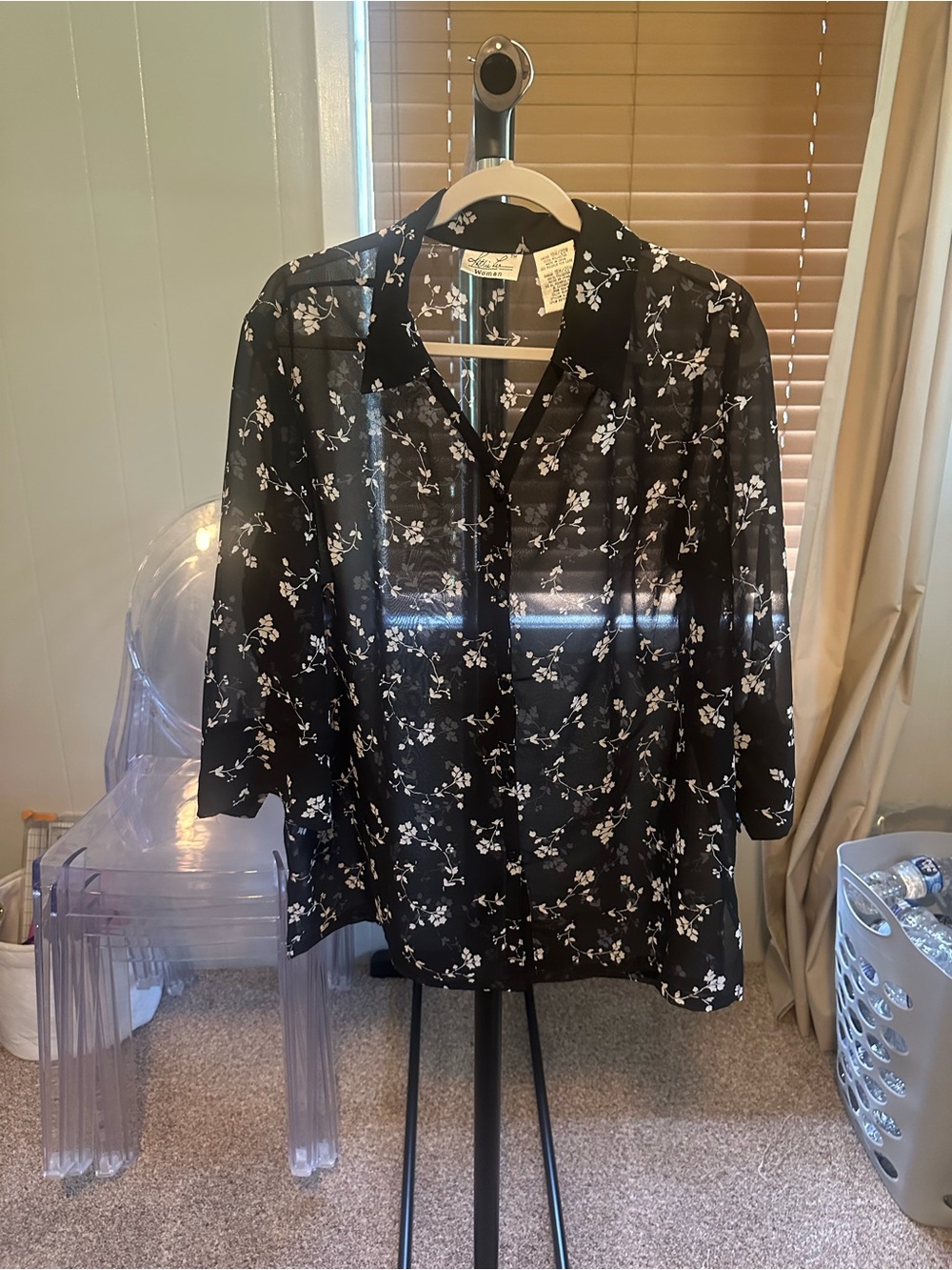 Kathie Lee Collection Black Sheer Floral Button-Up Blouse